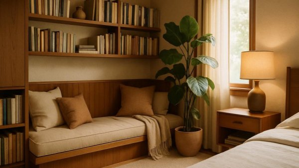 Midcentury modern bedroom design in a cozy nook with bookshelves.