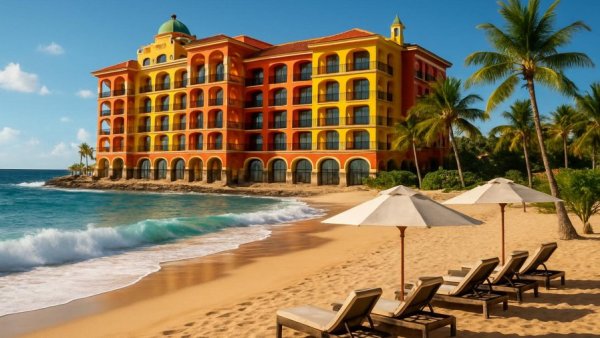 Los Cabos seaside hotel with vibrant facade overlooking ocean.