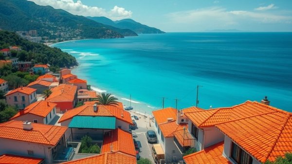 Vibrant coastal town with ocean view and colorful rooftops.