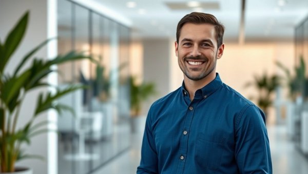Professional in modern office, AI cloud services environment, smiling.