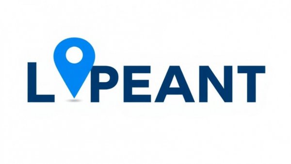 Modern logo with blue pin icon and text for branding.