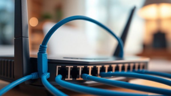 Close-up of a 2.5GbE router with cables in a home setting.