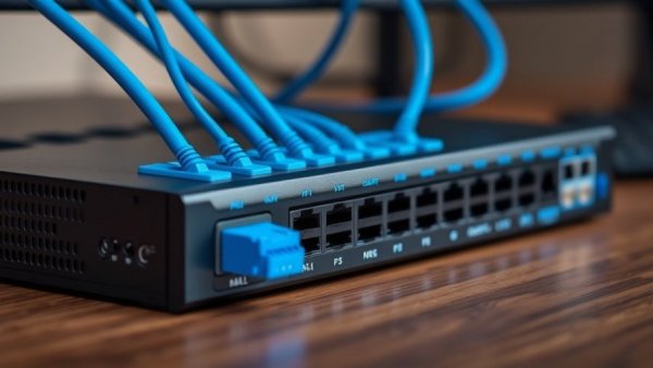Modern 2.5GbE network switch with connected cables in a tech environment.