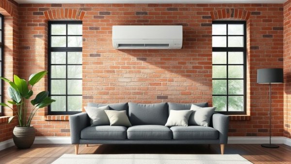 Modern living room with AC above sofa against brick wall, Auto vs On AC Setting.