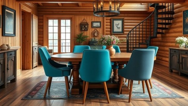 Sustainable home decor dining room with teal chairs and wooden table.