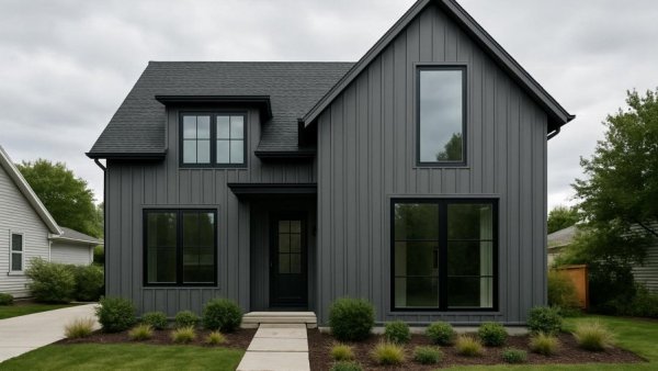 Gray home design ideas featuring modern architecture and landscaping