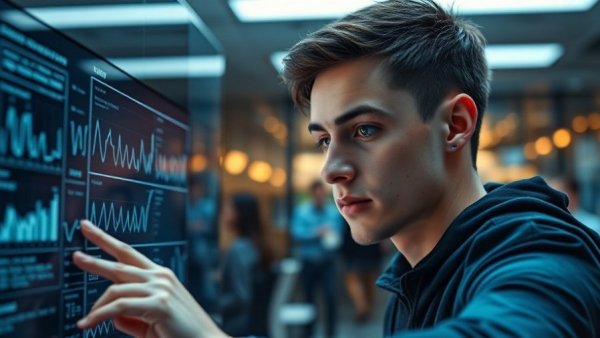 Young man analyzing data on a digital screen for AI Search Visibility.