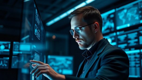 Man engaging with AI visibility engine on modern touchscreen.