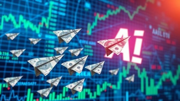 Futuristic dollar bill planes flying towards AI in a digital grid, risks of fast follower strategy.