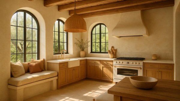 Mediterranean kitchen design with wooden beams and modern touches