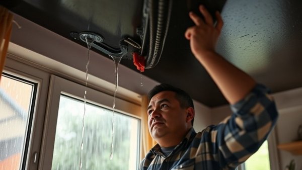 Man inspecting roof leak indoors in Rockville Maryland storm.
