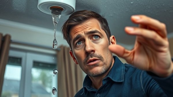 Concerned man dealing with ceiling leak in rainy Rockville Maryland home.