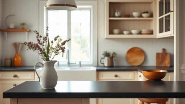 Charming Scandinavian-style kitchen with wildflowers and gentle lighting showcasing Scandinavian design trends.