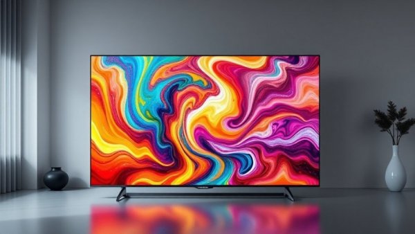 Ultra-slim 85-inch TV with colorful abstract display, ideal for next-gen viewing experience.