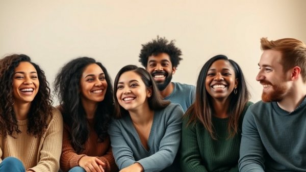 Diverse group smiling indoors, AI tools transformation concept.