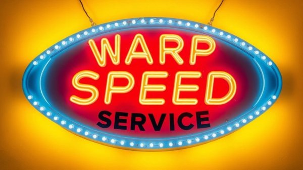 Lit sign 'WARP SPEED SERVICE' on yellow; how to create a business plan focus.