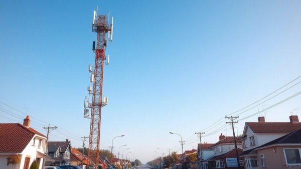 Rural 5G coverage with tall cellular towers in a small town.