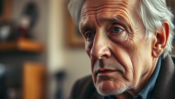 Elderly man with thoughtful look, photorealistic indoor image.