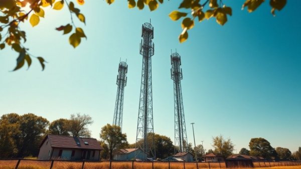 Cell towers providing rural 5G coverage under blue sky.