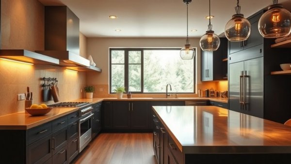 Patinated brass kitchen design trends 2026 with modern dark cabinetry.