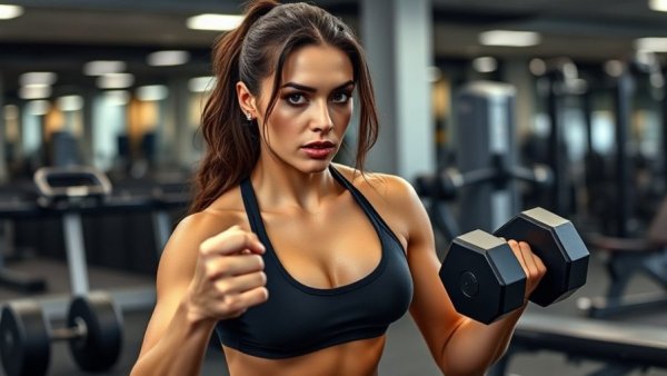 Woman boosts workout endurance with dumbbells in gym.
