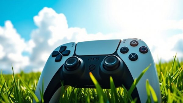 PS5 controller features on PC showcased outdoors with bright sky and lush grass.