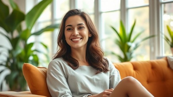 Serene young woman embracing holistic wellness in aesthetics at home.