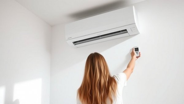 Woman adjusting remote-controlled air conditioner, minimalist interior.