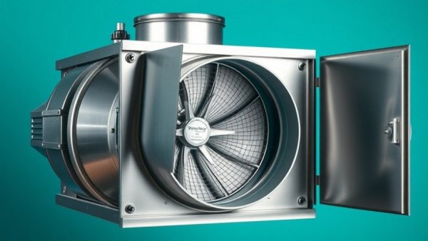 Energy recovery ventilator with open doors against teal background.