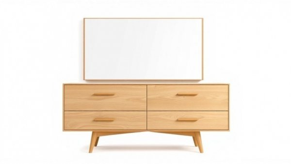 Modern oak wood dresser with mirror showcasing minimalist design.
