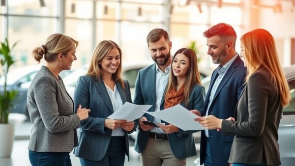 Group discussing a 5-in-1 auto product in a bright car dealership.