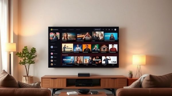 Flat-screen TV displaying streaming multiview feature in a living room.