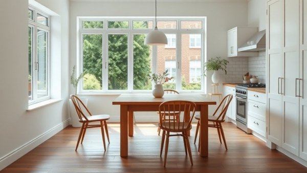 Modern farmhouse kitchen design with wooden table and terracotta floors.