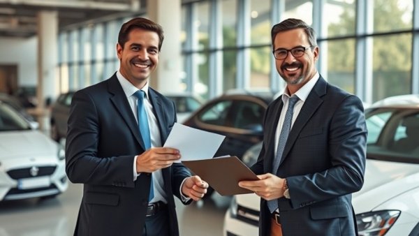 Professional men discussing key fob replacement tips in a car showroom.