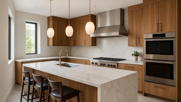 Modern kitchen remodeling in Houston with marble island.