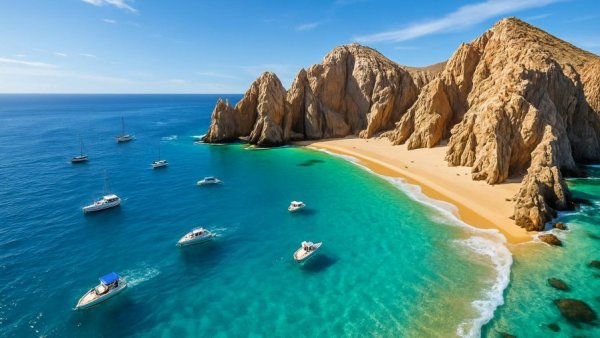 Cabo vacation opportunities summer 2026: Aerial view of Cabo's scenic beach and cliffs.