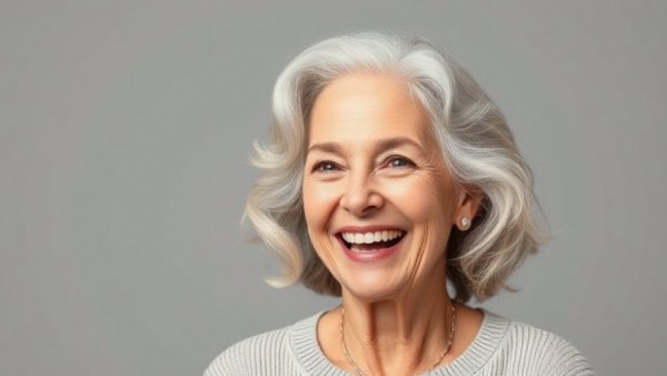 Older woman smiling with hair hydration solutions, promoting hair care.