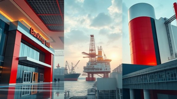 Collage depicting financial banking, offshore platform, and industrial building.
