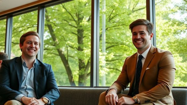 Graduates in suits discussing funding opportunities in a modern office.