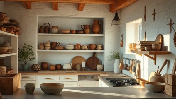 Rustic kitchen displaying handmade pottery and ceramics, highlighting the handmade goods trend.