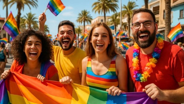 Participants at Historic LGBTQ+ Pride March Los Cabos holding rainbow flag
