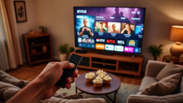 Choosing streaming services in a cozy living room setup.
