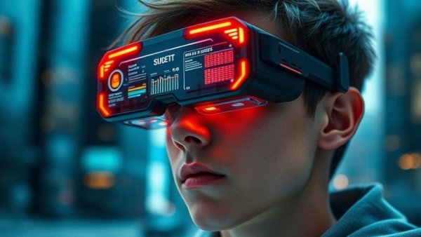 Wearable tech glasses, high-tech interface display, urban backdrop.
