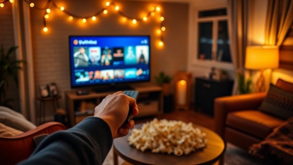 Cozy living room selecting streaming services on TV, warm lighting.