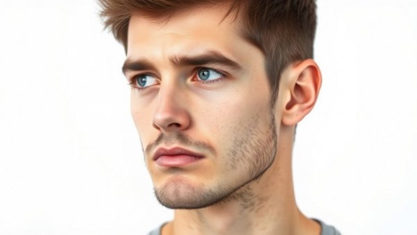 Young man looking sideways, serious expression, isolated.