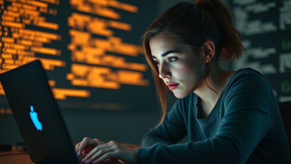Young woman using LetinAR's PinTILT technology with AR projections in dark room.