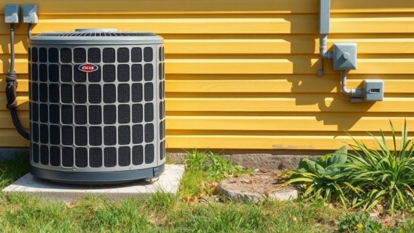 Outdoor AC unit showing signs of potential breakdown beside a house