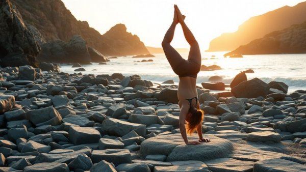 Yoga headstand during a Cabo vacation planning, serene rocky beach at sunrise.