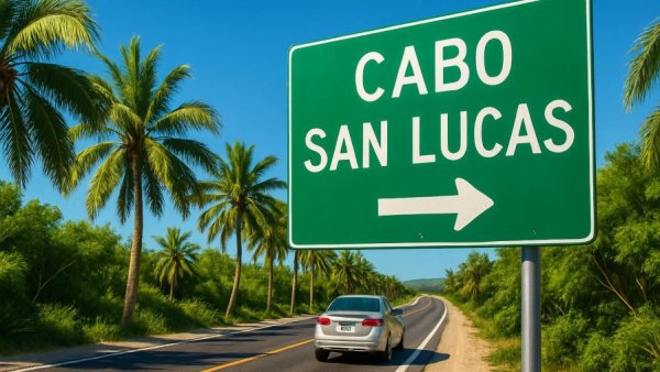 Road sign in Los Cabos with car and palm trees under blue sky.