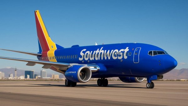 A Southwest Airlines plane parked at Las Vegas airport with a city backdrop.